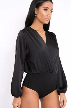 Rebellious Fashion Black Plunge Satin Bodysuit with Split Sleeves - Pema