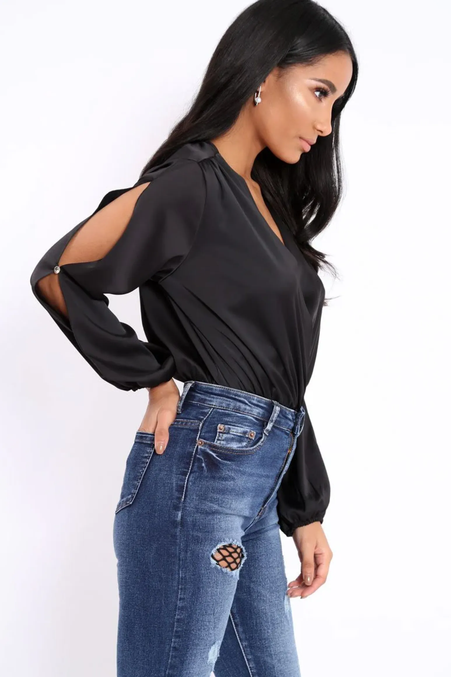 Rebellious Fashion Black Plunge Satin Bodysuit with Split Sleeves - Pema
