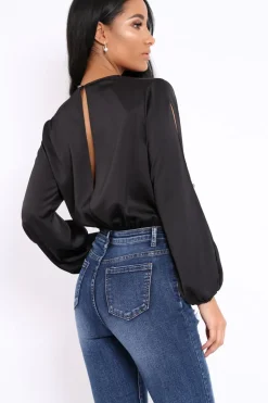 Rebellious Fashion Black Plunge Satin Bodysuit with Split Sleeves - Pema