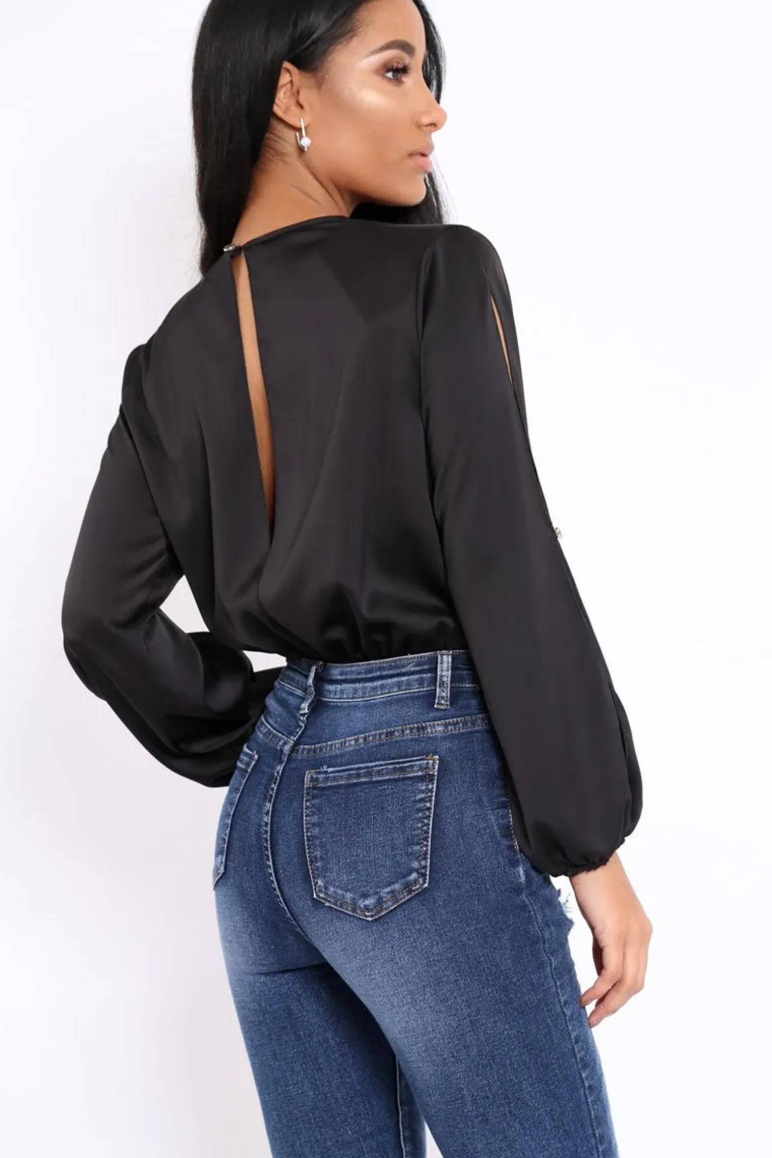 Rebellious Fashion Black Plunge Satin Bodysuit with Split Sleeves - Pema