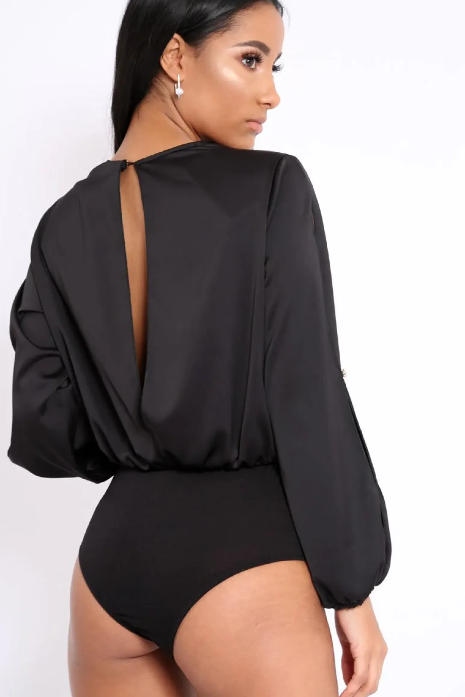 Rebellious Fashion Black Plunge Satin Bodysuit with Split Sleeves - Pema