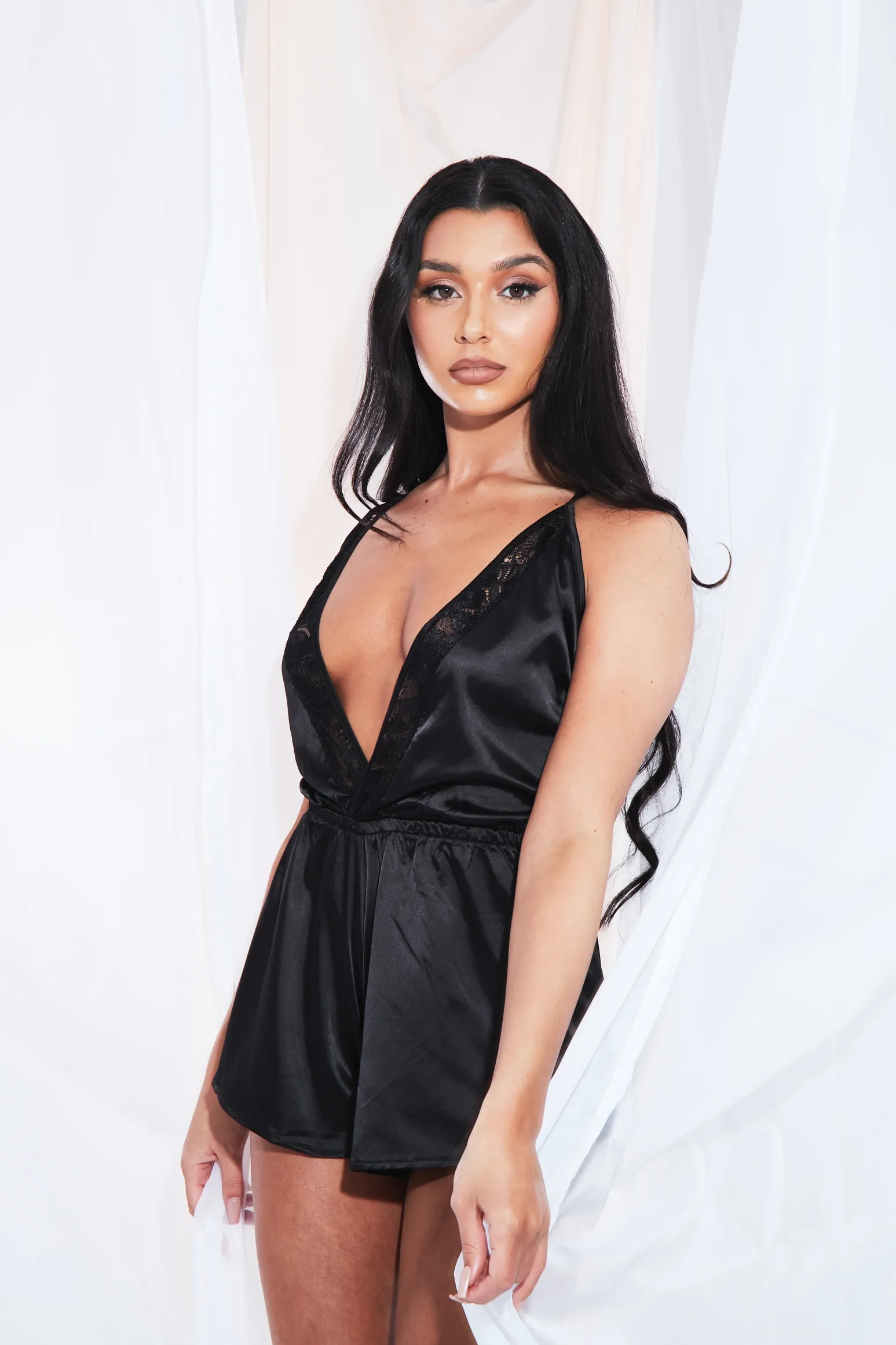 Rebellious Fashion Black Plunge Satin Playsuit - Joss