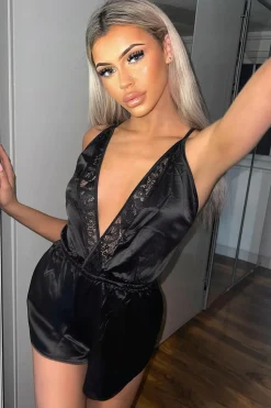 Rebellious Fashion Black Plunge Satin Playsuit - Joss