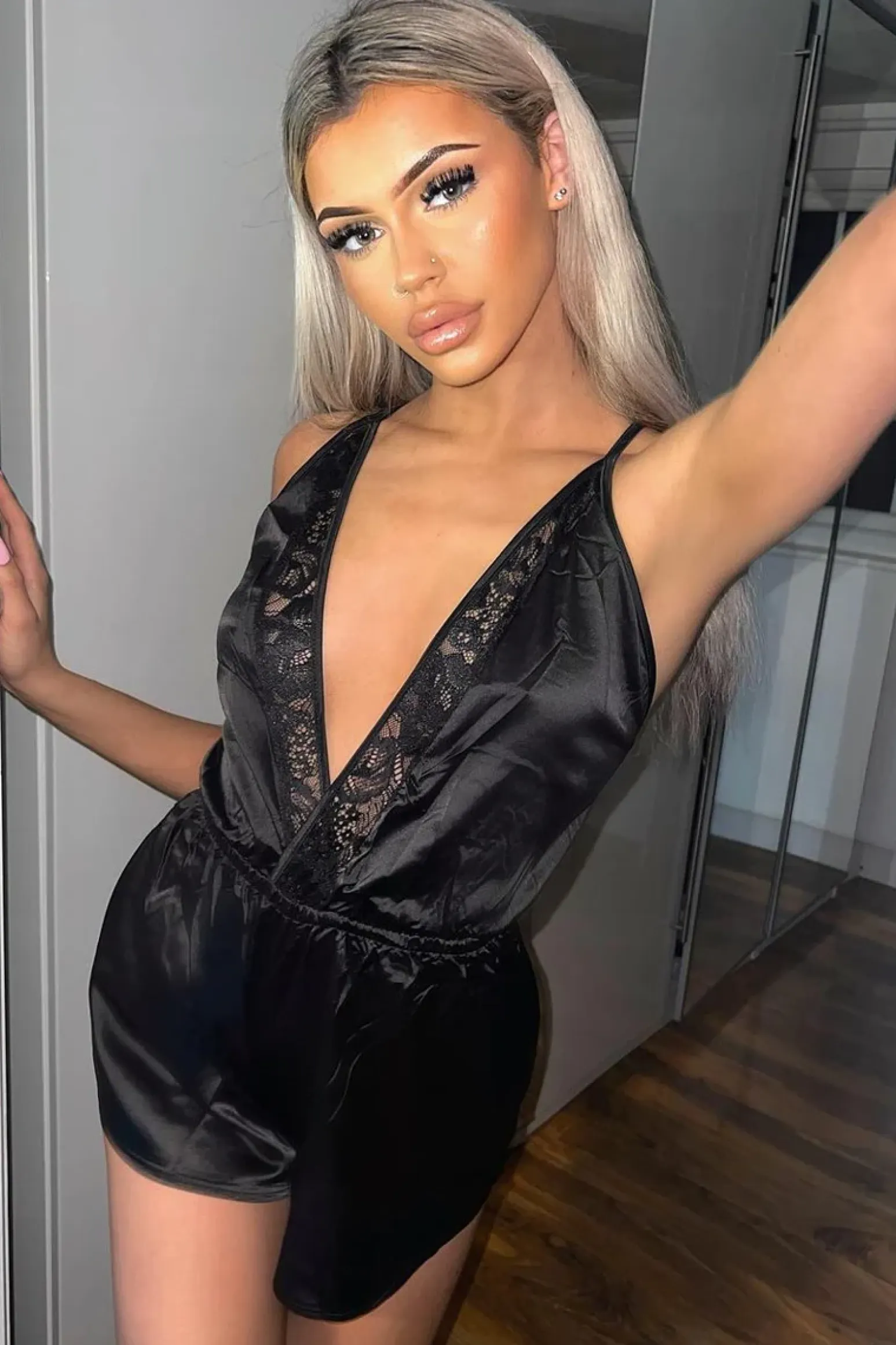 Rebellious Fashion Black Plunge Satin Playsuit - Joss