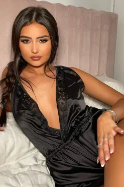 Rebellious Fashion Black Plunge Satin Playsuit - Joss