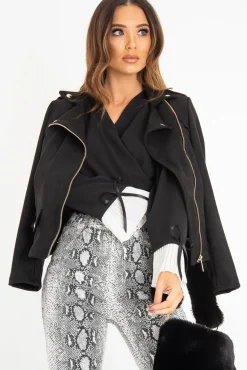 Rebellious Fashion Black Plunge Shirred Waist Pleated Sleeve Blouse - Skylar