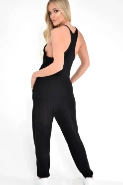 Rebellious Fashion Black Plunge Strappy Jersey Jumpsuit - Narumi