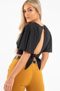 Rebellious Fashion Black Plunge Tie Back Blouse Crop Top - Bryelle