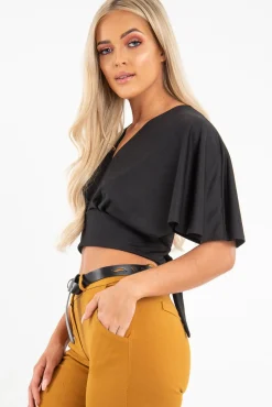 Rebellious Fashion Black Plunge Tie Back Blouse Crop Top - Bryelle