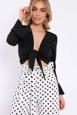 Rebellious Fashion Black Plunge Tie Front Flare Sleeve Crop Top - Aimi