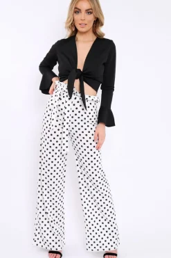 Rebellious Fashion Black Plunge Tie Front Flare Sleeve Crop Top - Aimi