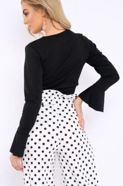 Rebellious Fashion Black Plunge Tie Front Flare Sleeve Crop Top - Aimi