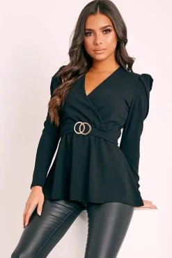 Rebellious Fashion Black Plunging Double Circle Belt Puff Shoulder Blouse - Catia