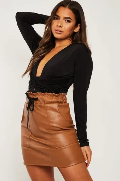 Rebellious Fashion Black Plunging Wrap Middle Bodysuit - Ivyrose