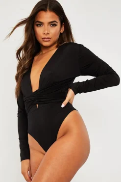 Rebellious Fashion Black Plunging Wrap Middle Bodysuit - Ivyrose