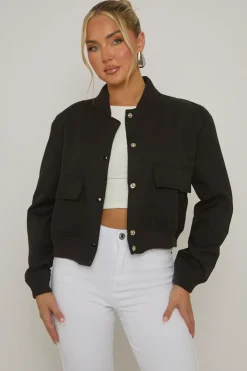 Rebellious Fashion Black Pocket Detail Bomber Jacket - Estelle