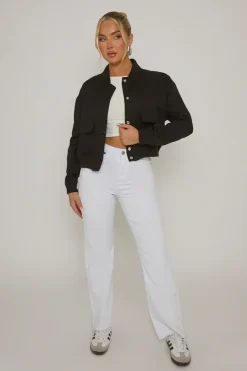 Rebellious Fashion Black Pocket Detail Bomber Jacket - Estelle