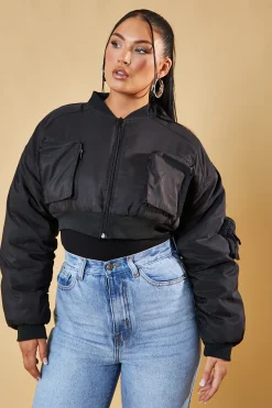 Rebellious Fashion Black Pocket Detail Cropped Bomber Jacket - Reagan