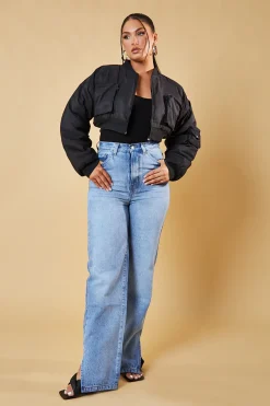 Rebellious Fashion Black Pocket Detail Cropped Bomber Jacket - Reagan