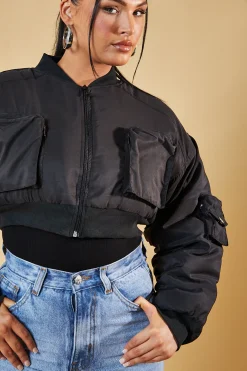 Rebellious Fashion Black Pocket Detail Cropped Bomber Jacket - Reagan