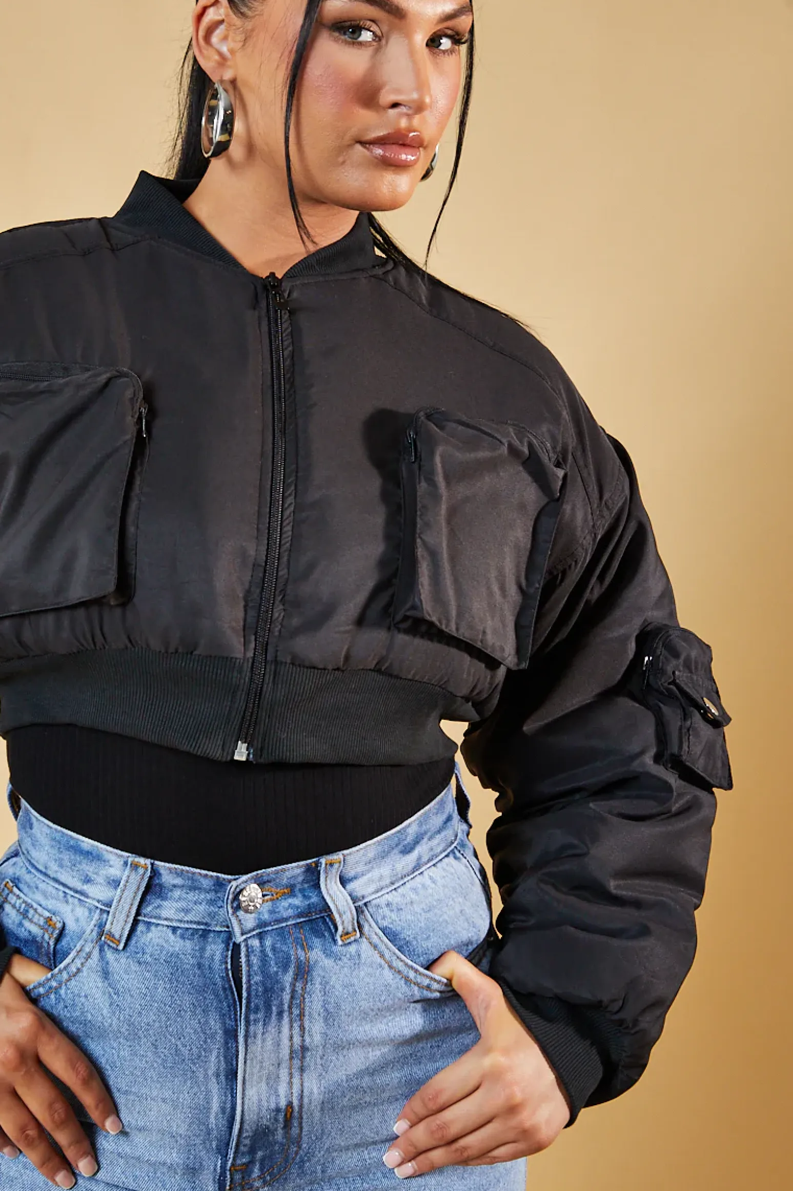 Rebellious Fashion Black Pocket Detail Cropped Bomber Jacket - Reagan