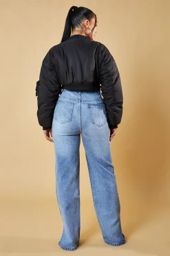Rebellious Fashion Black Pocket Detail Cropped Bomber Jacket - Reagan