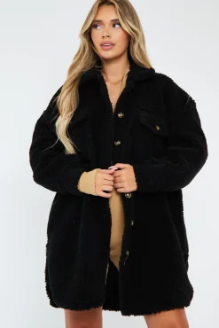 Rebellious Fashion Black Pocket Front Teddy Shacket - Ozie