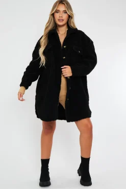 Rebellious Fashion Black Pocket Front Teddy Shacket - Ozie