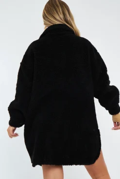 Rebellious Fashion Black Pocket Front Teddy Shacket - Ozie