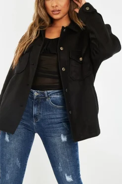 Rebellious Fashion Black Pocket Oversized Brushed Shacket - Caley