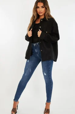 Rebellious Fashion Black Pocket Oversized Brushed Shacket - Caley