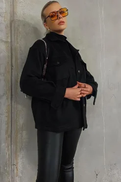 Rebellious Fashion Black Pocket Oversized Brushed Shacket - Caley