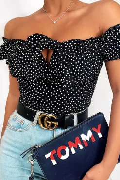 Rebellious Fashion Black Polka Dot Bow Front Milkmaid Crop Top - Talaya