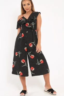 Rebellious Fashion Black Polkadot Floral Asymmetrical Jumpsuit -Marion