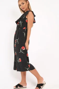 Rebellious Fashion Black Polkadot Floral Asymmetrical Jumpsuit -Marion