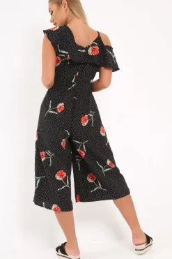 Rebellious Fashion Black Polkadot Floral Asymmetrical Jumpsuit -Marion
