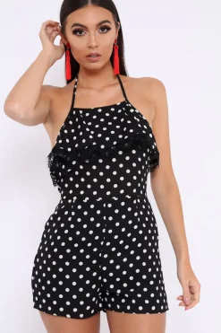 Rebellious Fashion Black Polka Dot Halterneck Frill Playsuit - Tilly