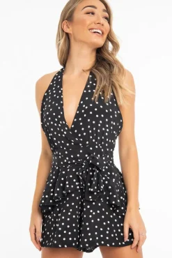 Rebellious Fashion Black Polka Dot Halter Neck Ruffle Playsuit - Kallee
