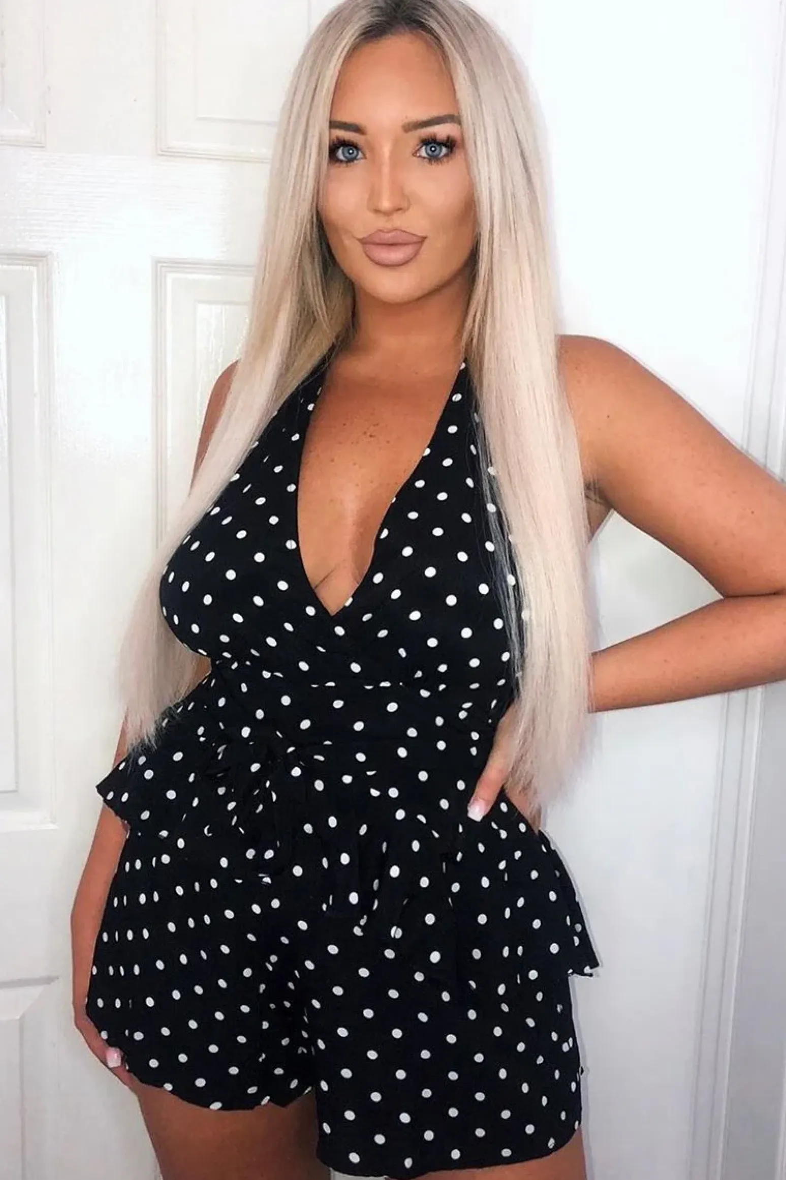 Rebellious Fashion Black Polka Dot Halter Neck Ruffle Playsuit - Kallee