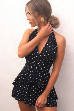 Rebellious Fashion Black Polka Dot Halter Neck Ruffle Playsuit - Kallee