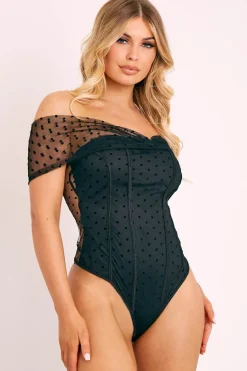 Rebellious Fashion Black Polka Dot Mesh Bardot Bodysuit - Sallie