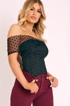 Rebellious Fashion Black Polka Dot Mesh Bardot Bodysuit - Sallie