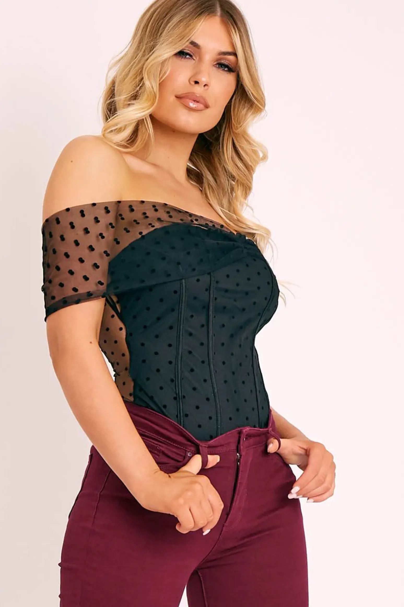 Rebellious Fashion Black Polka Dot Mesh Bardot Bodysuit - Sallie