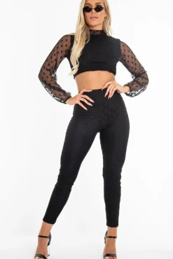 Rebellious Fashion Black Polka Dot Mesh Crop Top Leggings Co-Ord - Sofia
