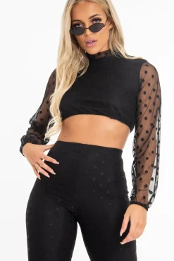 Rebellious Fashion Black Polka Dot Mesh Crop Top Leggings Co-Ord - Sofia