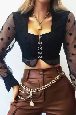 Rebellious Fashion Black Polka Dot Mesh Front Fastening Crop Top - Kacy