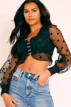 Rebellious Fashion Black Polka Dot Mesh Front Fastening Crop Top - Kacy