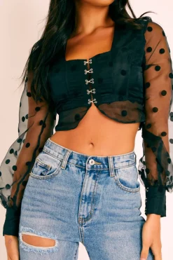 Rebellious Fashion Black Polka Dot Mesh Front Fastening Crop Top - Kacy