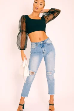 Rebellious Fashion Black Polka Dot Organza Sleeve Crop Top - Bianca