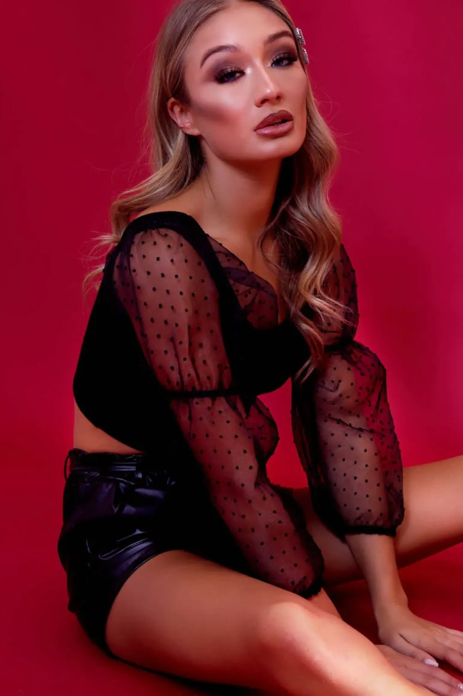 Rebellious Fashion Black Polka Dot Organza Sleeve Crop Top - Bianca